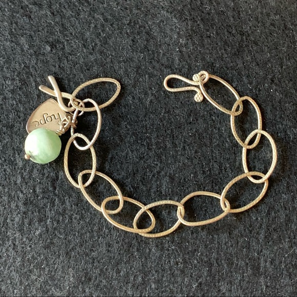 Charm Link Bracelet, green bead, hope, silver tone - Picture 7 of 8